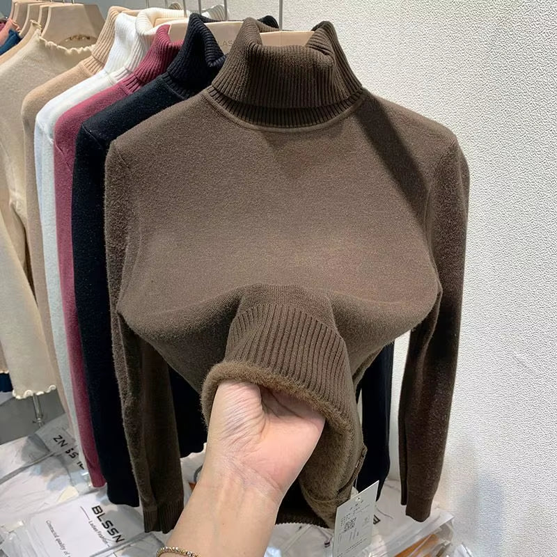 Turtleneck Plush Fleece Sweater Women Winter Fashion Elastic Thicken Pullovers Warm Casual Basic Solid Bottoming Sweater