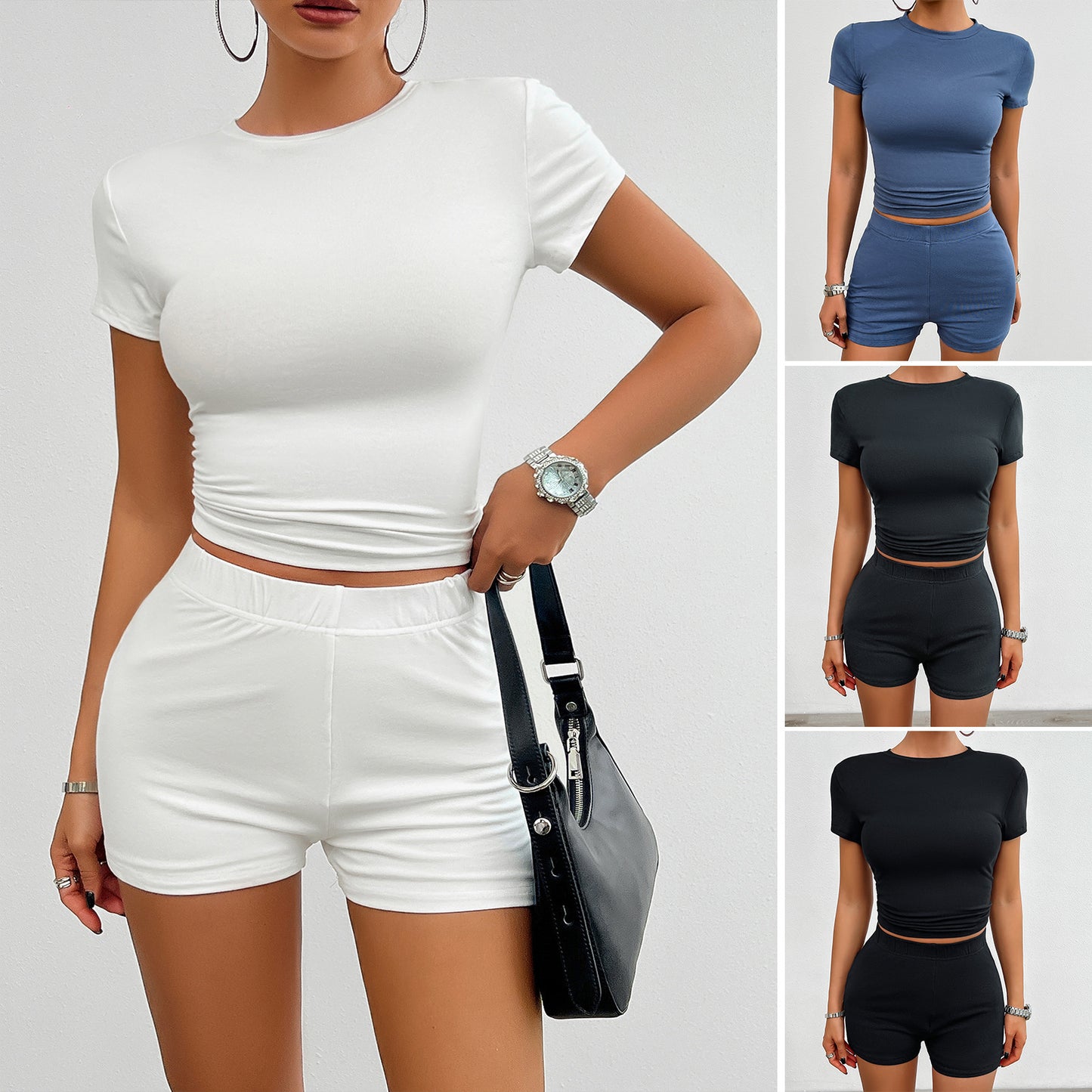 Solid Color Slim Sports Suit Summer 2Pcs Short-sleeved Round Neck T-shirt And Shorts