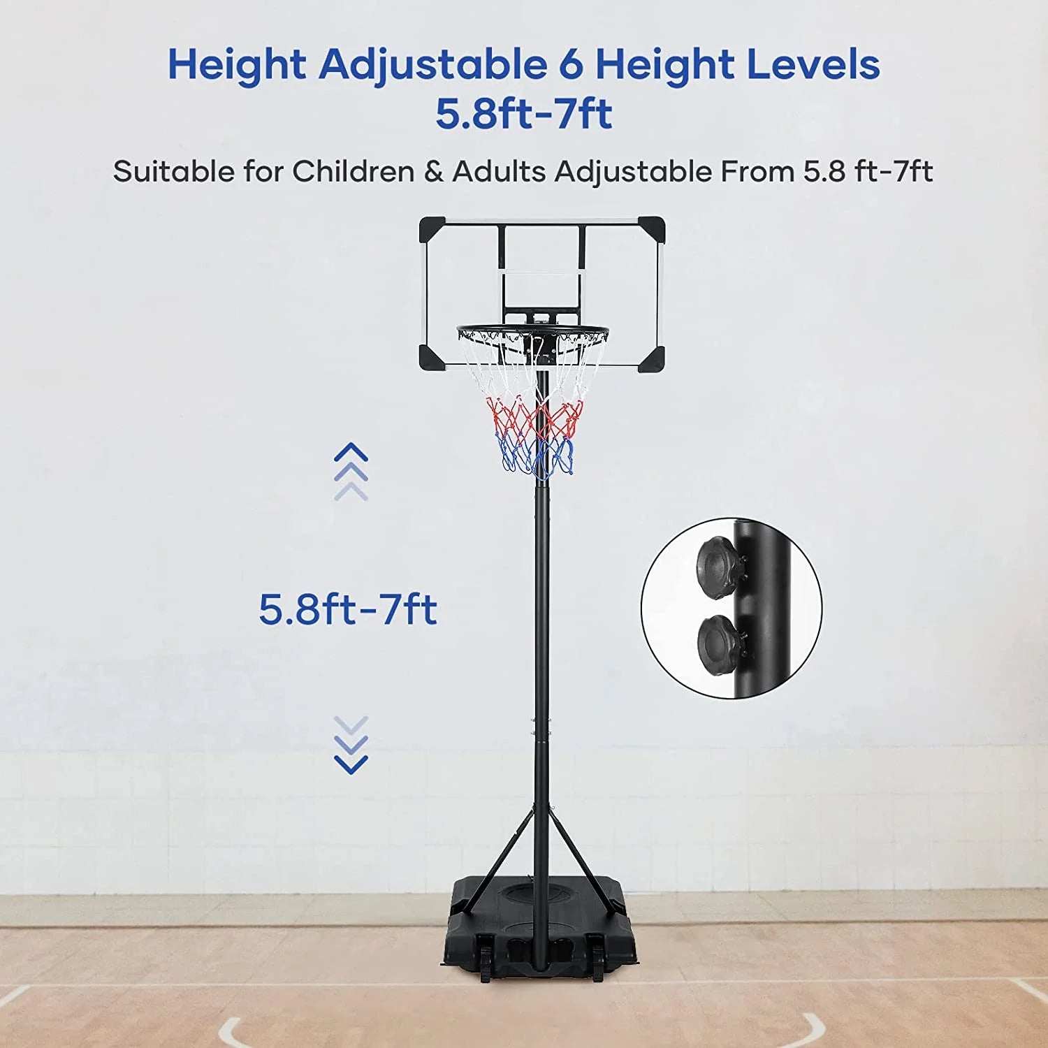 Basketball Hoop Basketball Goal System Height Adjustable 5.8Ft-7Ft Court for Teen & Adult Indoor Outdoor Use