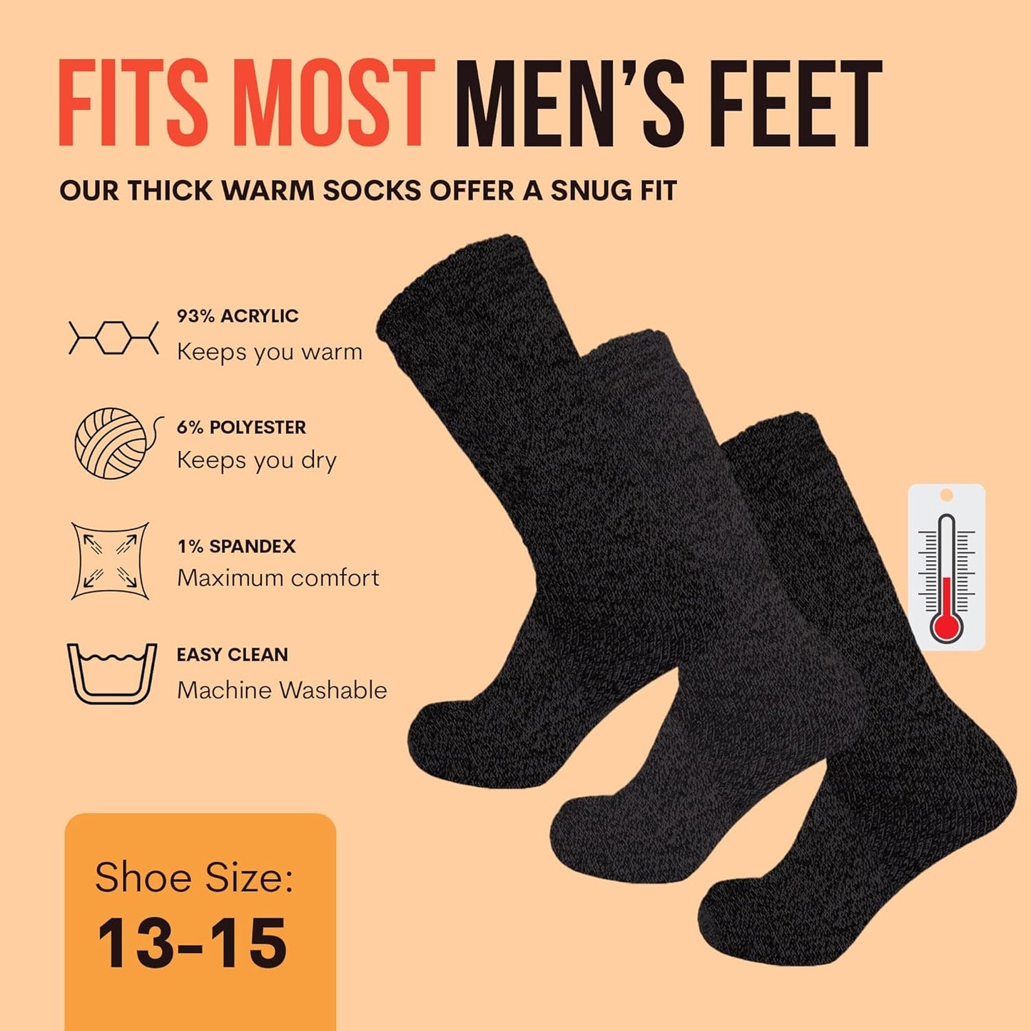 3 Pack Thermal Heated Hiking Socks for Men, Thick Warm Winter Socks for Outdoors