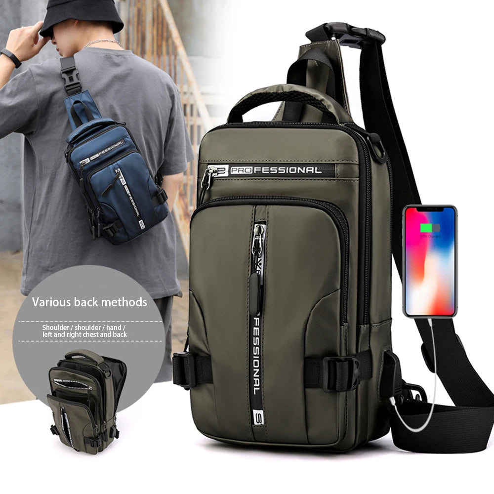 Men Nylon Crossbody Bag with USB Charging Port Multifunction Outdoor Travel Waterproof Daypack Male Casual Messenger Chest Bags