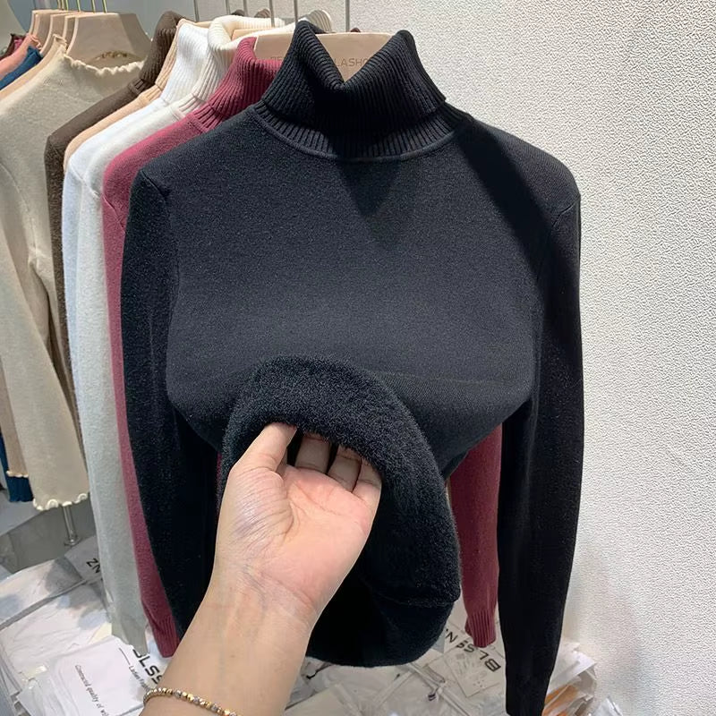 Turtleneck Plush Fleece Sweater Women Winter Fashion Elastic Thicken Pullovers Warm Casual Basic Solid Bottoming Sweater